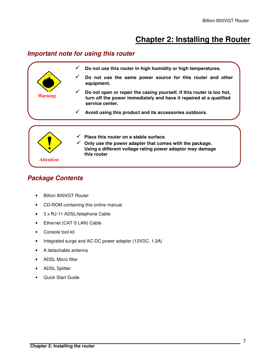 Chapter 2: installing the router, Package contents | Billion Electric Company 800VGT User Manual | Page 7 / 143