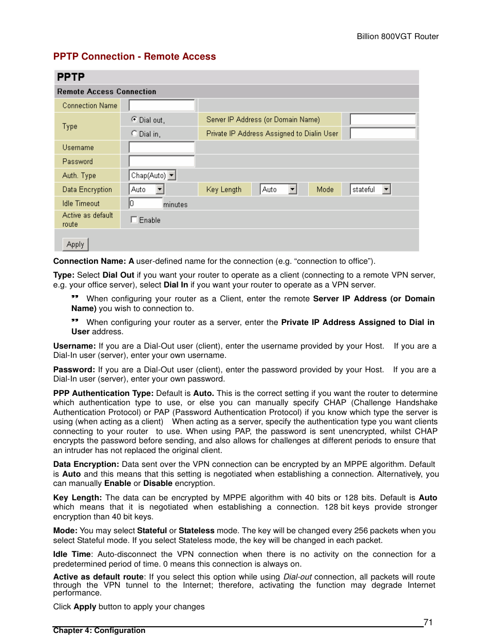 Pptp connection - remote access | Billion Electric Company 800VGT User Manual | Page 71 / 143