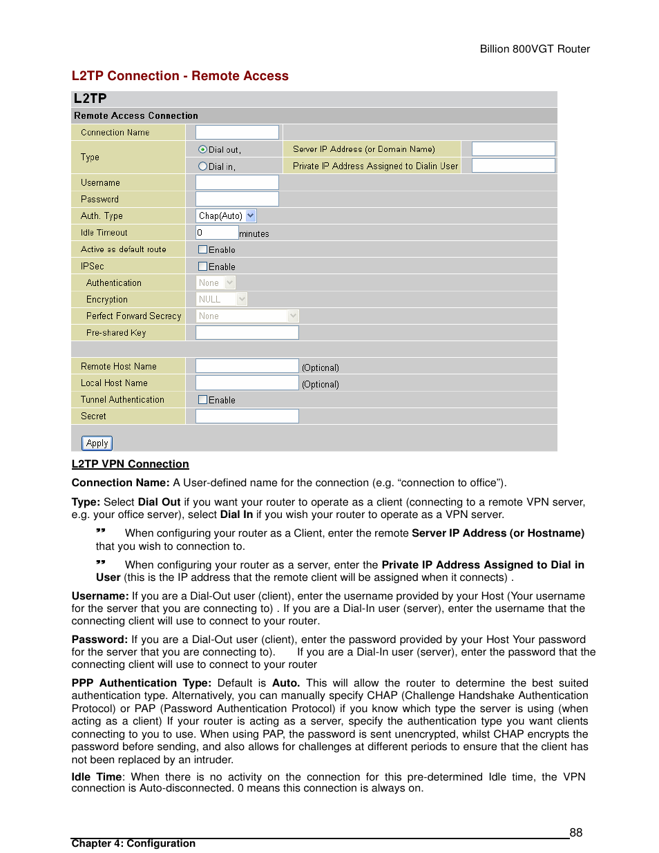 L2tp connection - remote access | Billion Electric Company 800VGT User Manual | Page 88 / 143