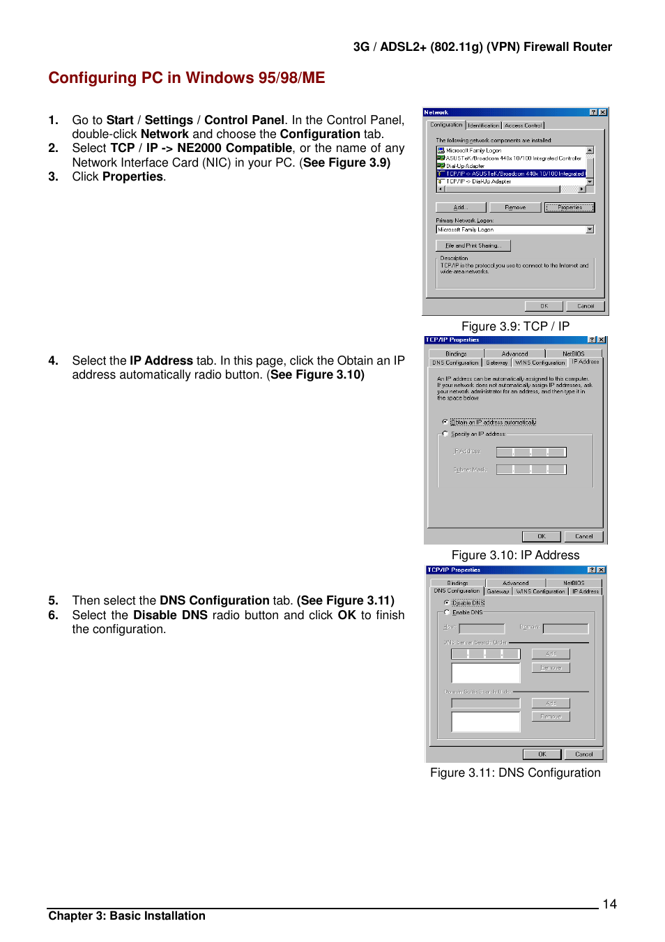 Configuring pc in windows 95/98/me | Billion Electric Company BIPAC 7402 User Manual | Page 15 / 130