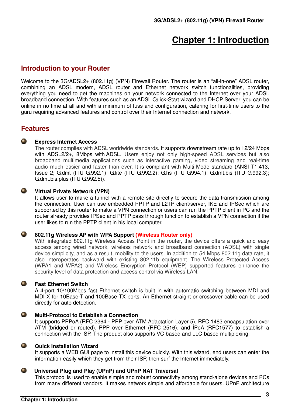 Chapter 1: introduction, Introduction to your router, Features | Billion Electric Company BIPAC 7402 User Manual | Page 4 / 130