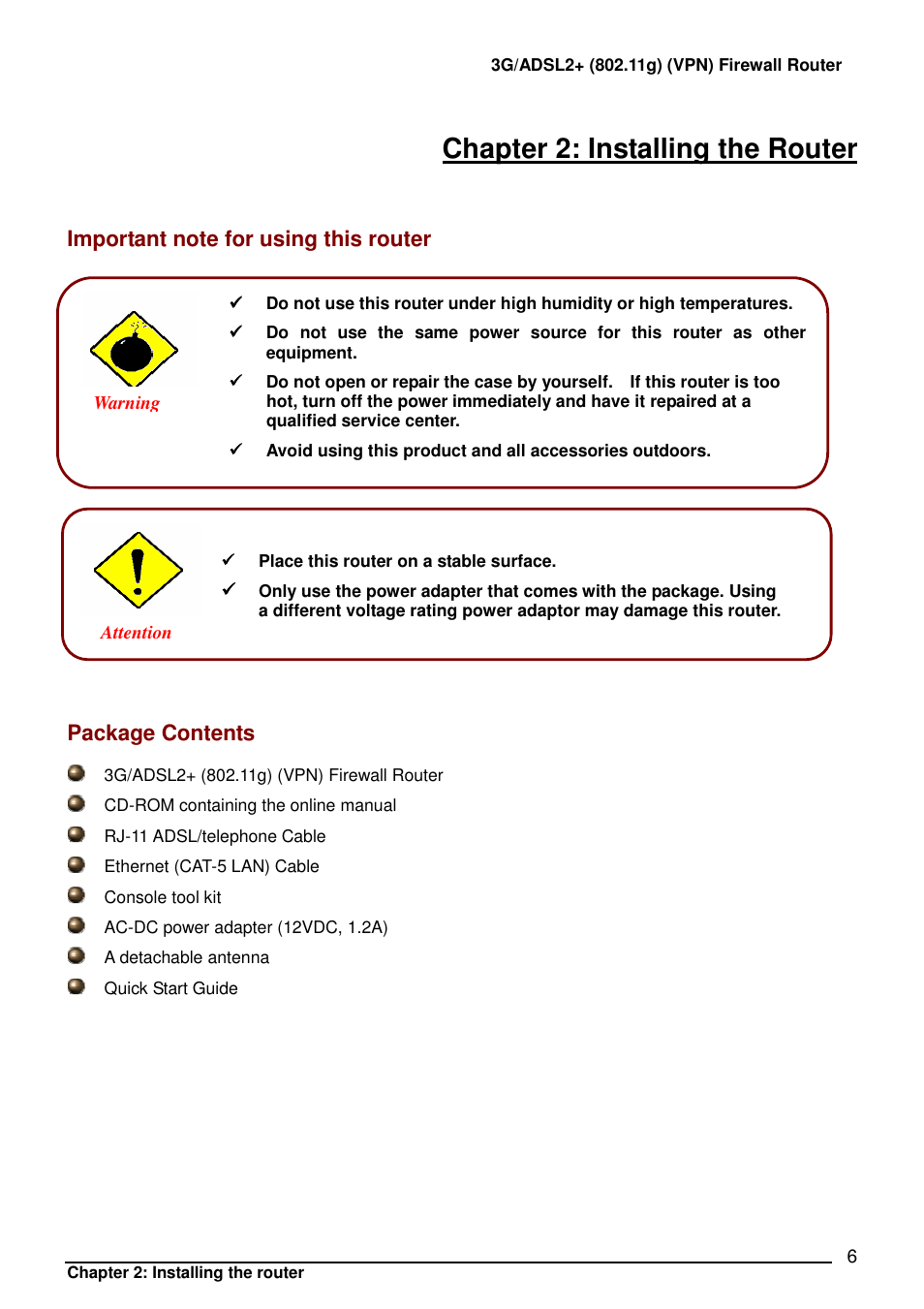 Chapter 2: installing the router, Package contents | Billion Electric Company BIPAC 7402 User Manual | Page 7 / 130