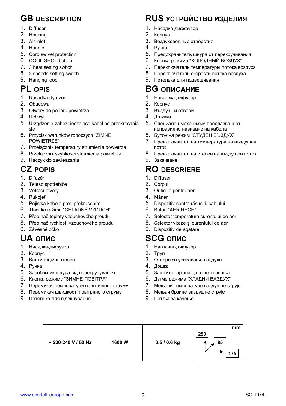 Ua scg, Description, Opis | Popis, Descriere | Scarlett SC-1074 User Manual | Page 2 / 17