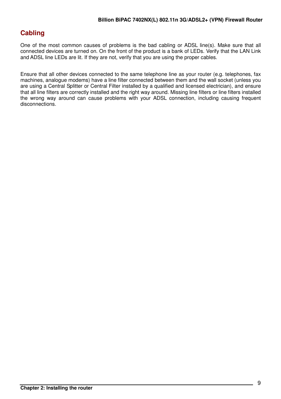 Cabling | Billion Electric Company BIPAC 7402NX User Manual | Page 10 / 128