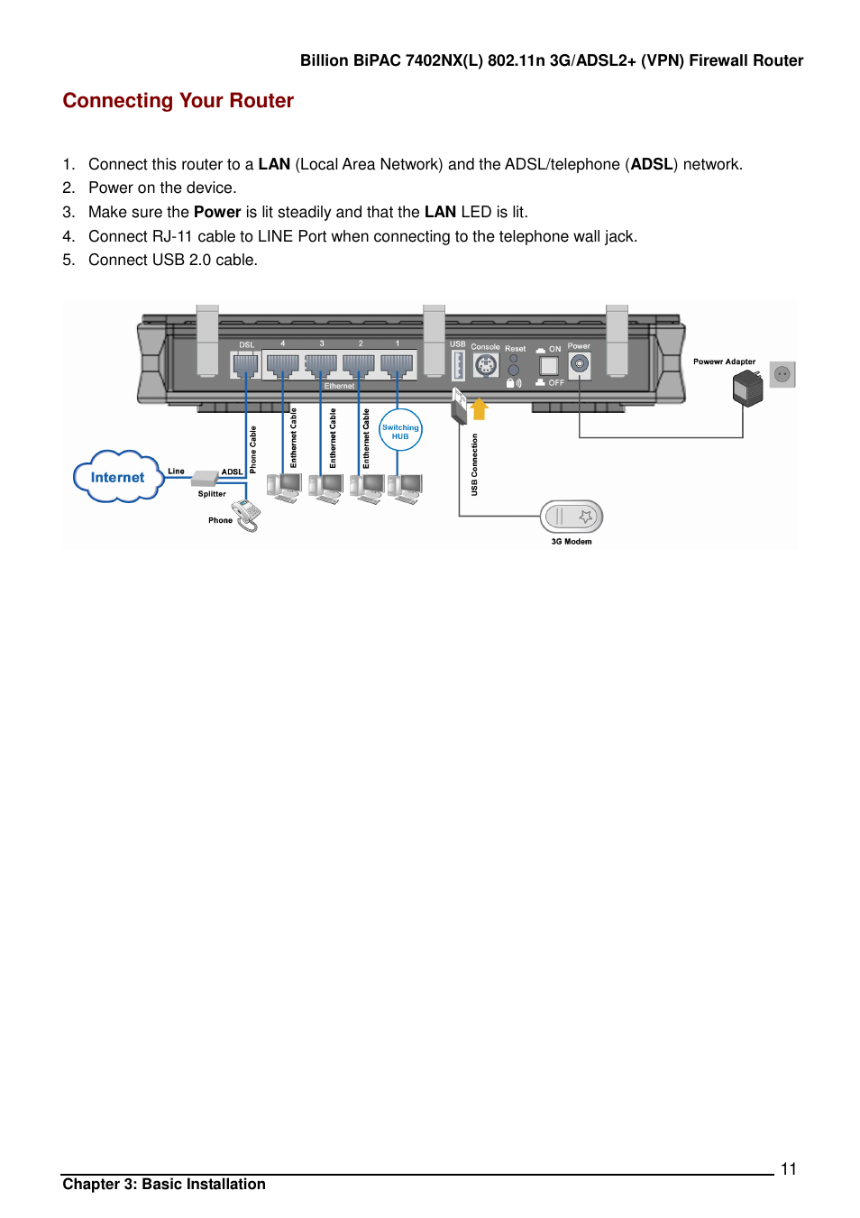 Connecting your router | Billion Electric Company BIPAC 7402NX User Manual | Page 12 / 128