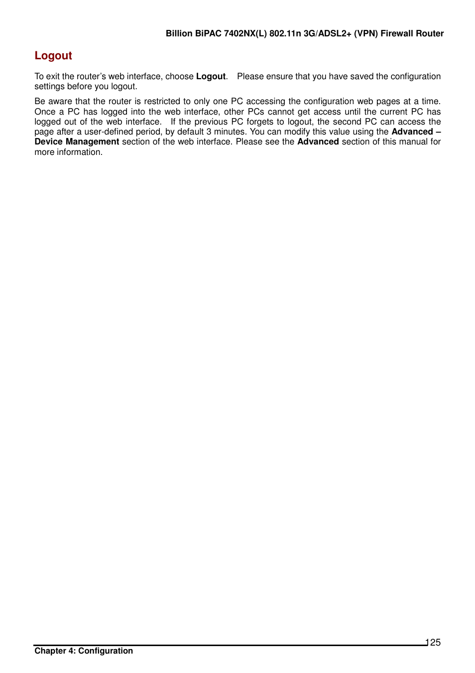 Logout | Billion Electric Company BIPAC 7402NX User Manual | Page 126 / 128