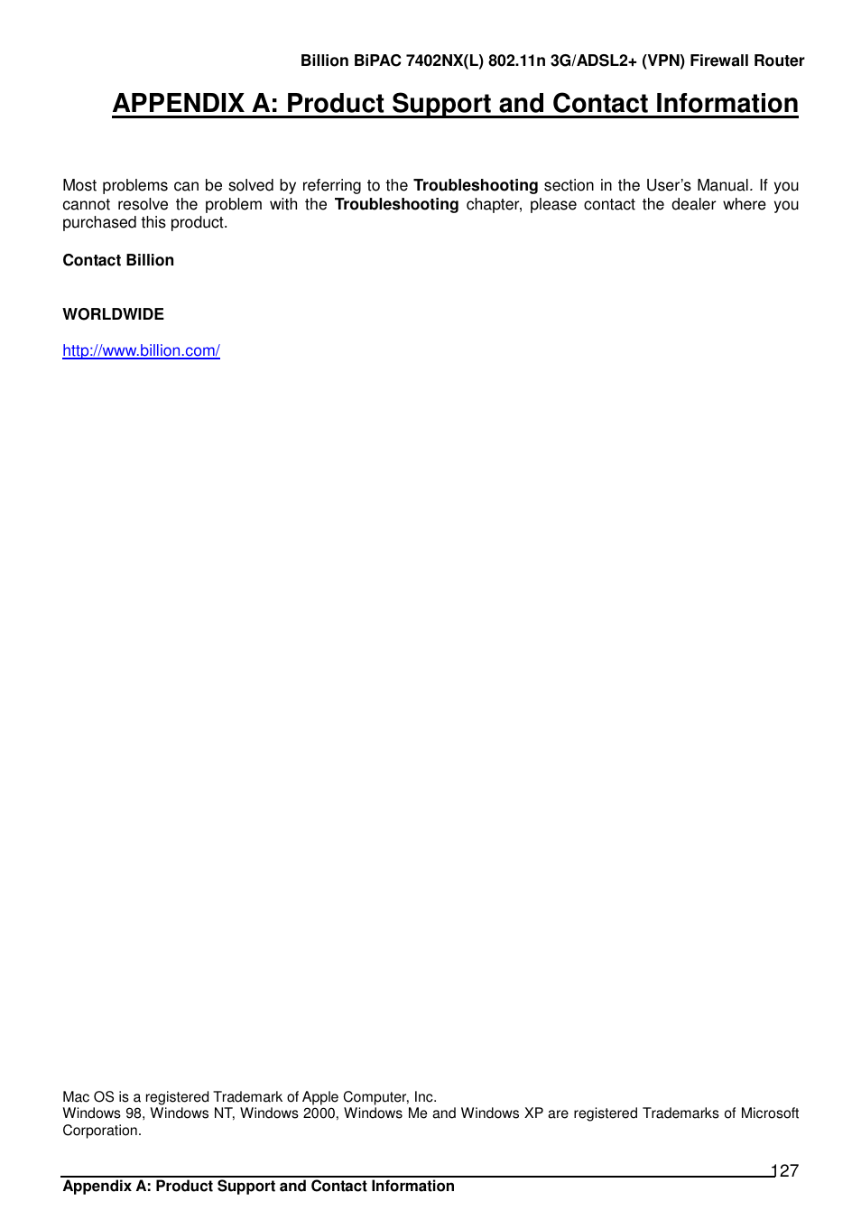 Billion Electric Company BIPAC 7402NX User Manual | Page 128 / 128