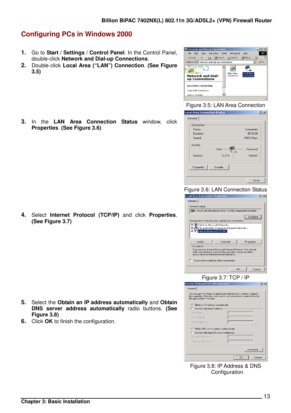 Configuring pcs in windows 2000 | Billion Electric Company BIPAC 7402NX User Manual | Page 14 / 128