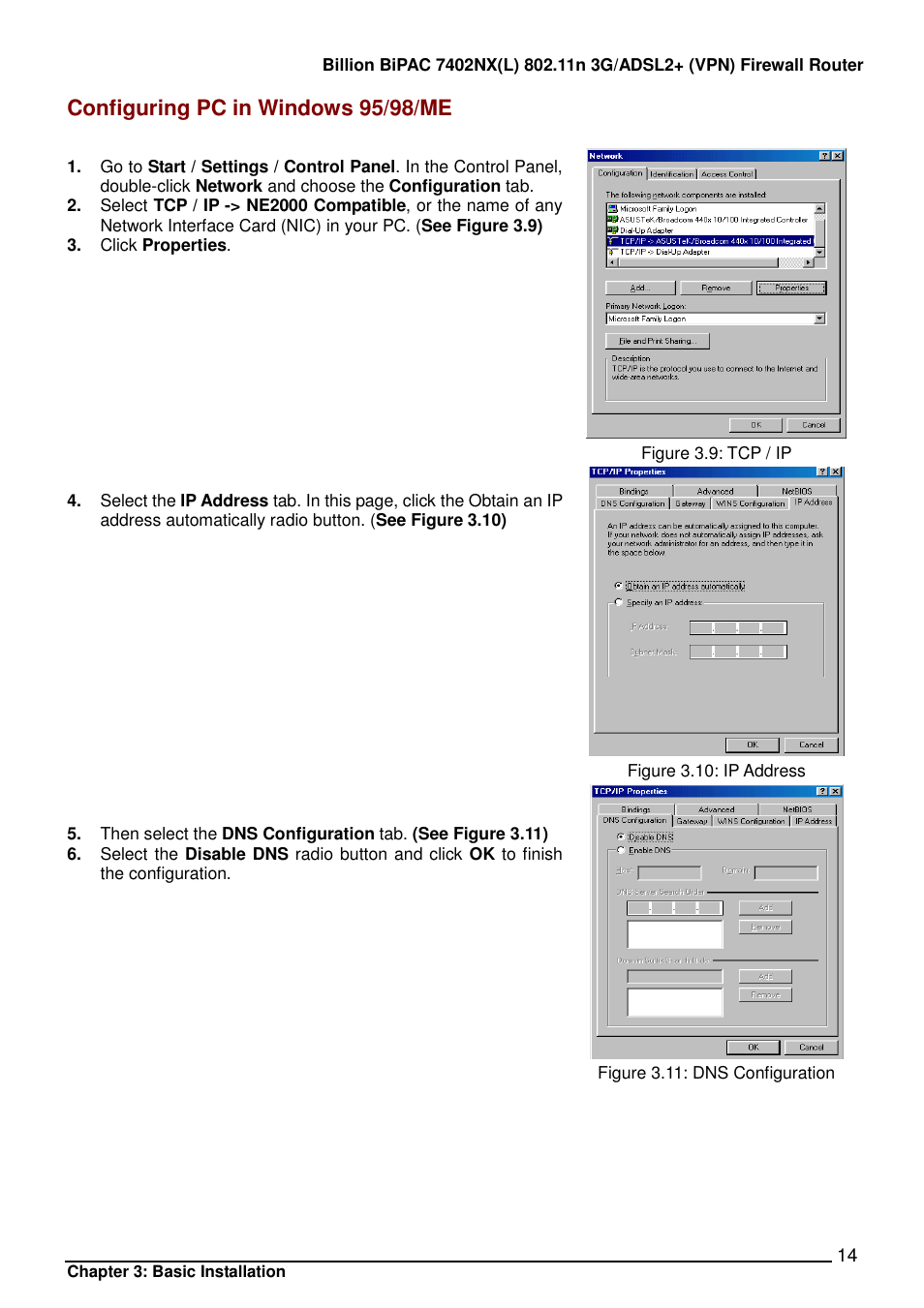 Configuring pc in windows 95/98/me | Billion Electric Company BIPAC 7402NX User Manual | Page 15 / 128