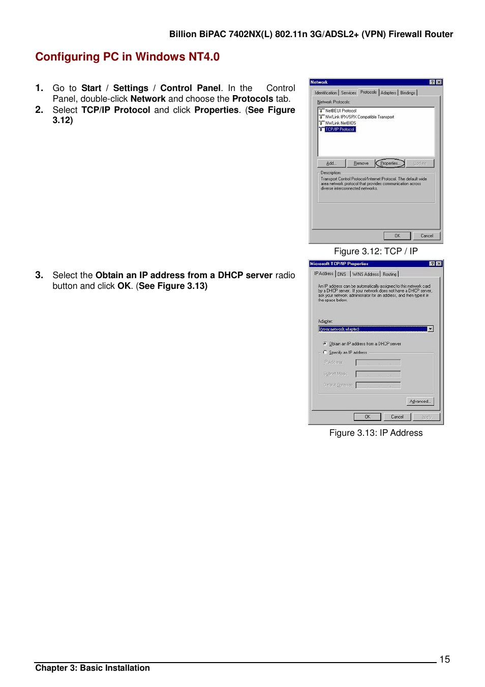 Configuring pc in windows nt4.0 | Billion Electric Company BIPAC 7402NX User Manual | Page 16 / 128