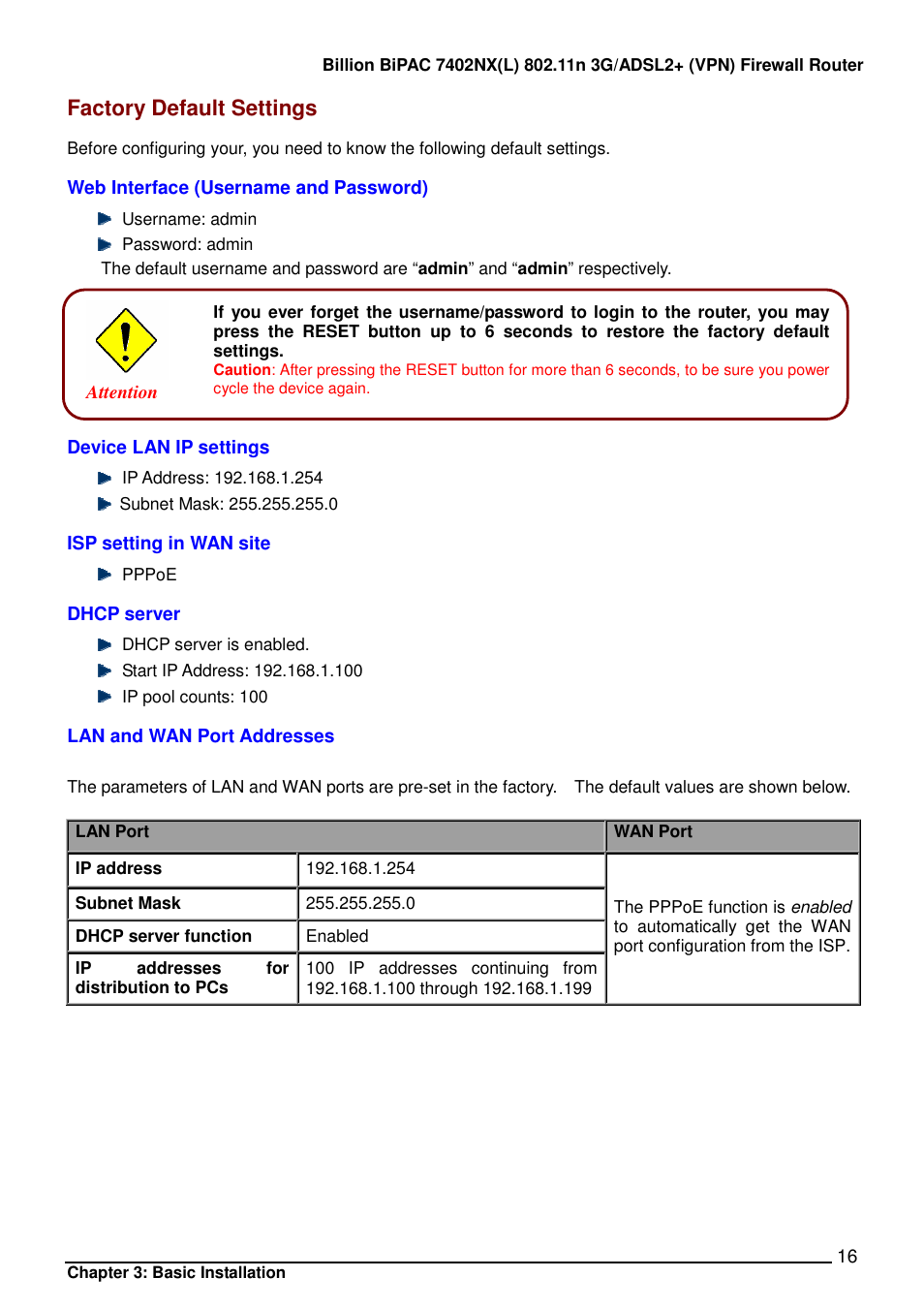 Factory default settings | Billion Electric Company BIPAC 7402NX User Manual | Page 17 / 128