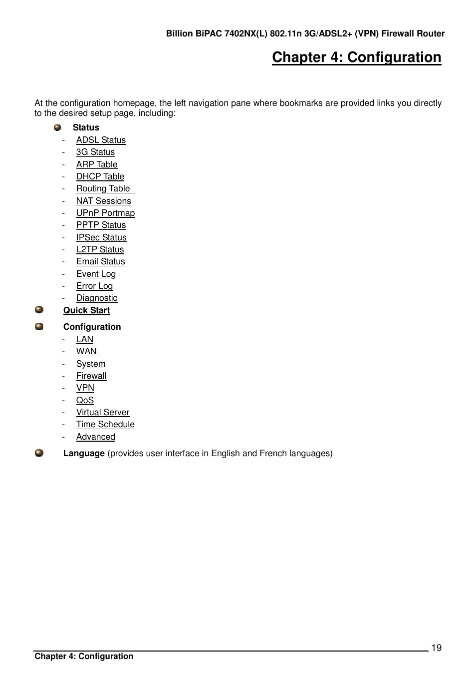 Chapter 4: configuration | Billion Electric Company BIPAC 7402NX User Manual | Page 20 / 128