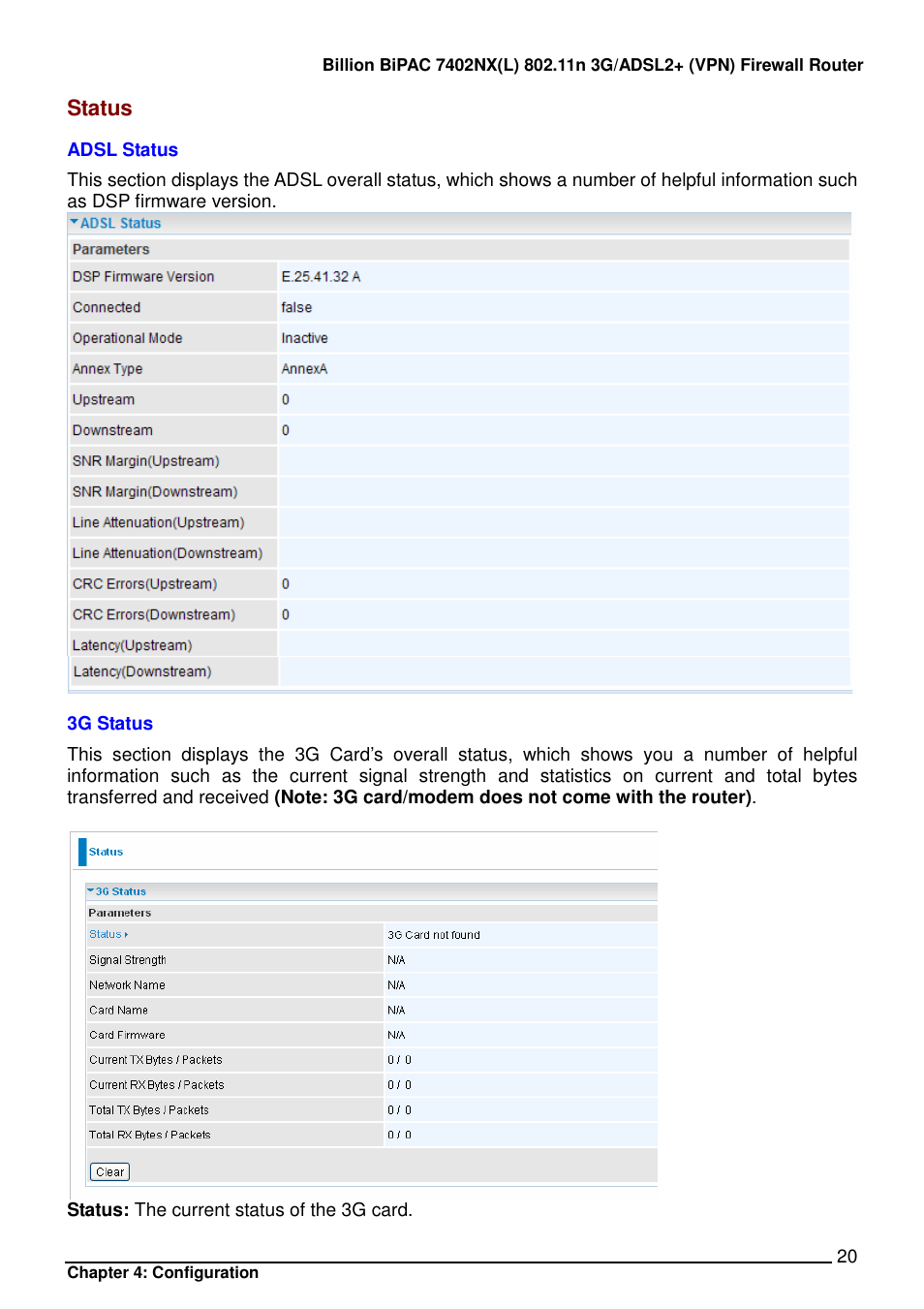 Status | Billion Electric Company BIPAC 7402NX User Manual | Page 21 / 128