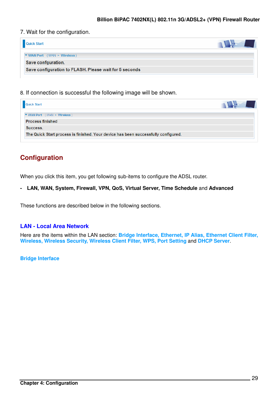 Configuration | Billion Electric Company BIPAC 7402NX User Manual | Page 30 / 128