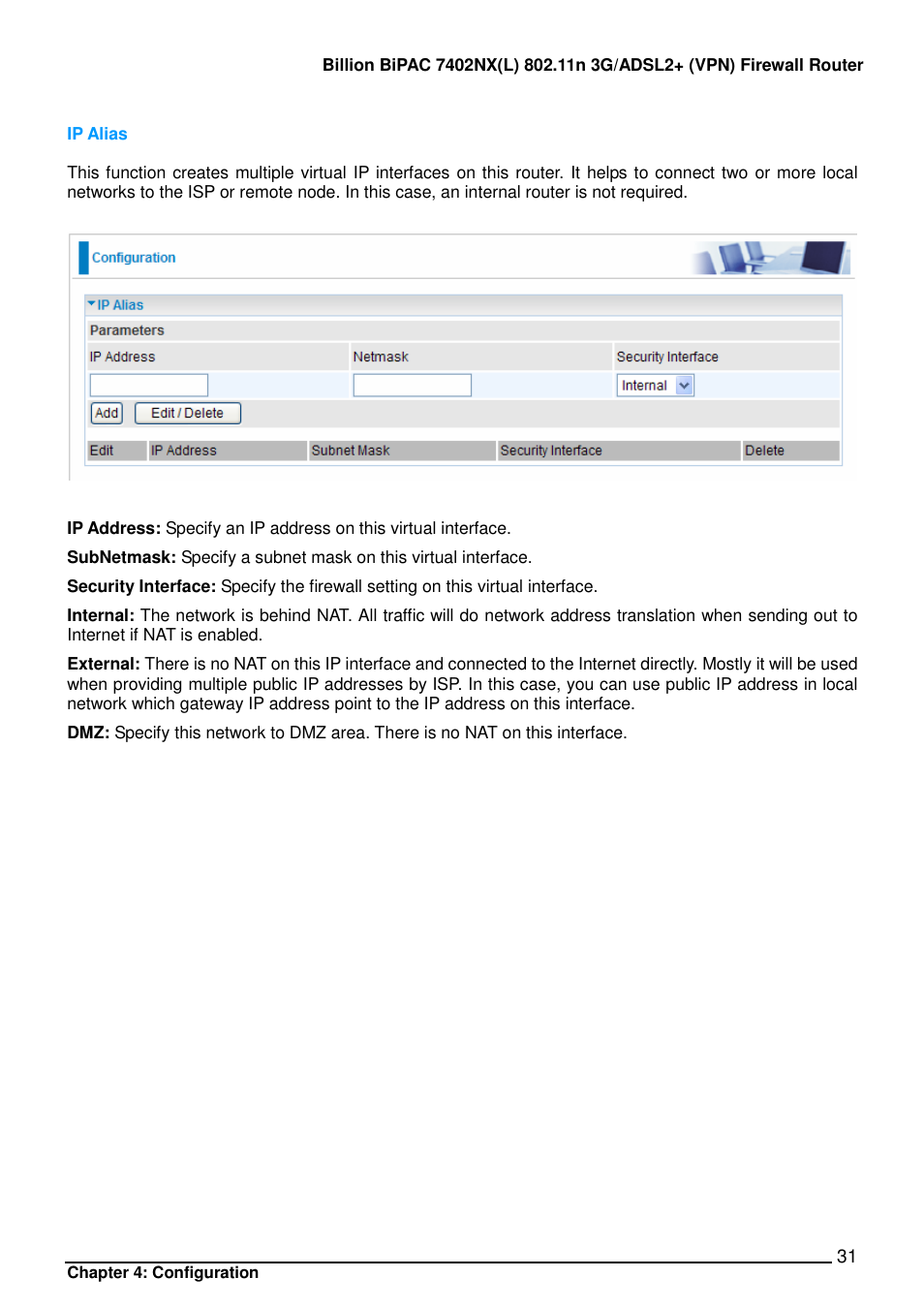 Billion Electric Company BIPAC 7402NX User Manual | Page 32 / 128