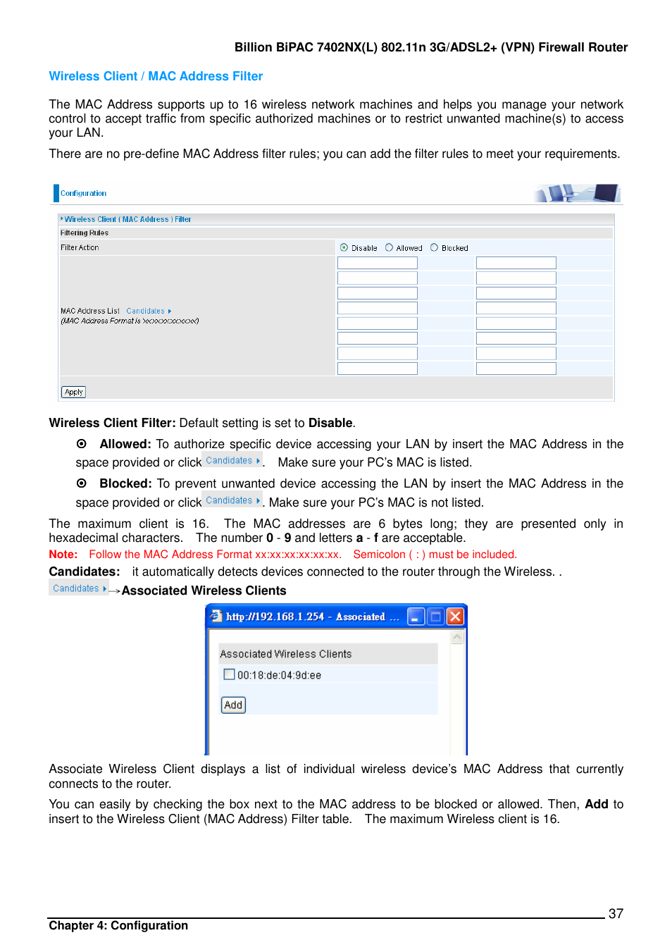 Billion Electric Company BIPAC 7402NX User Manual | Page 38 / 128