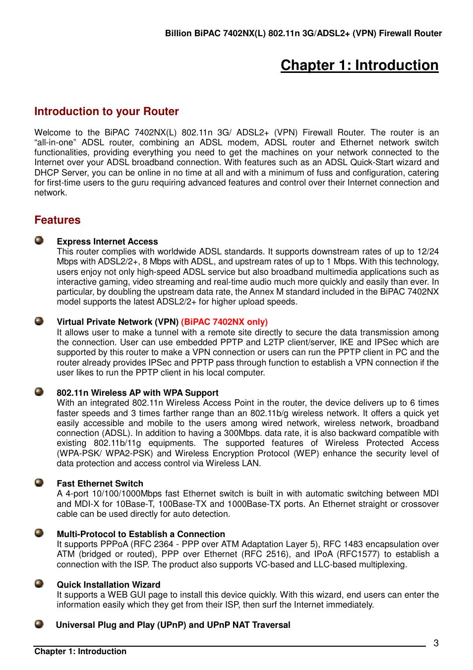 Chapter 1: introduction, Introduction to your router, Features | Billion Electric Company BIPAC 7402NX User Manual | Page 4 / 128