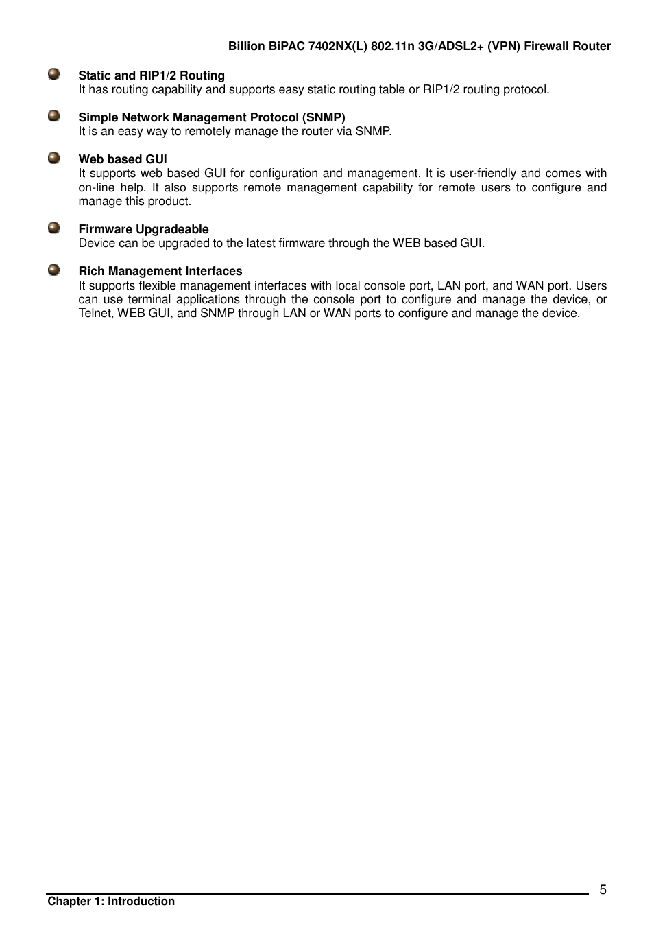 Billion Electric Company BIPAC 7402NX User Manual | Page 6 / 128