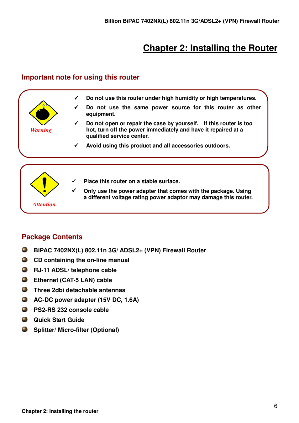 Chapter 2: installing the router, Package contents | Billion Electric Company BIPAC 7402NX User Manual | Page 7 / 128