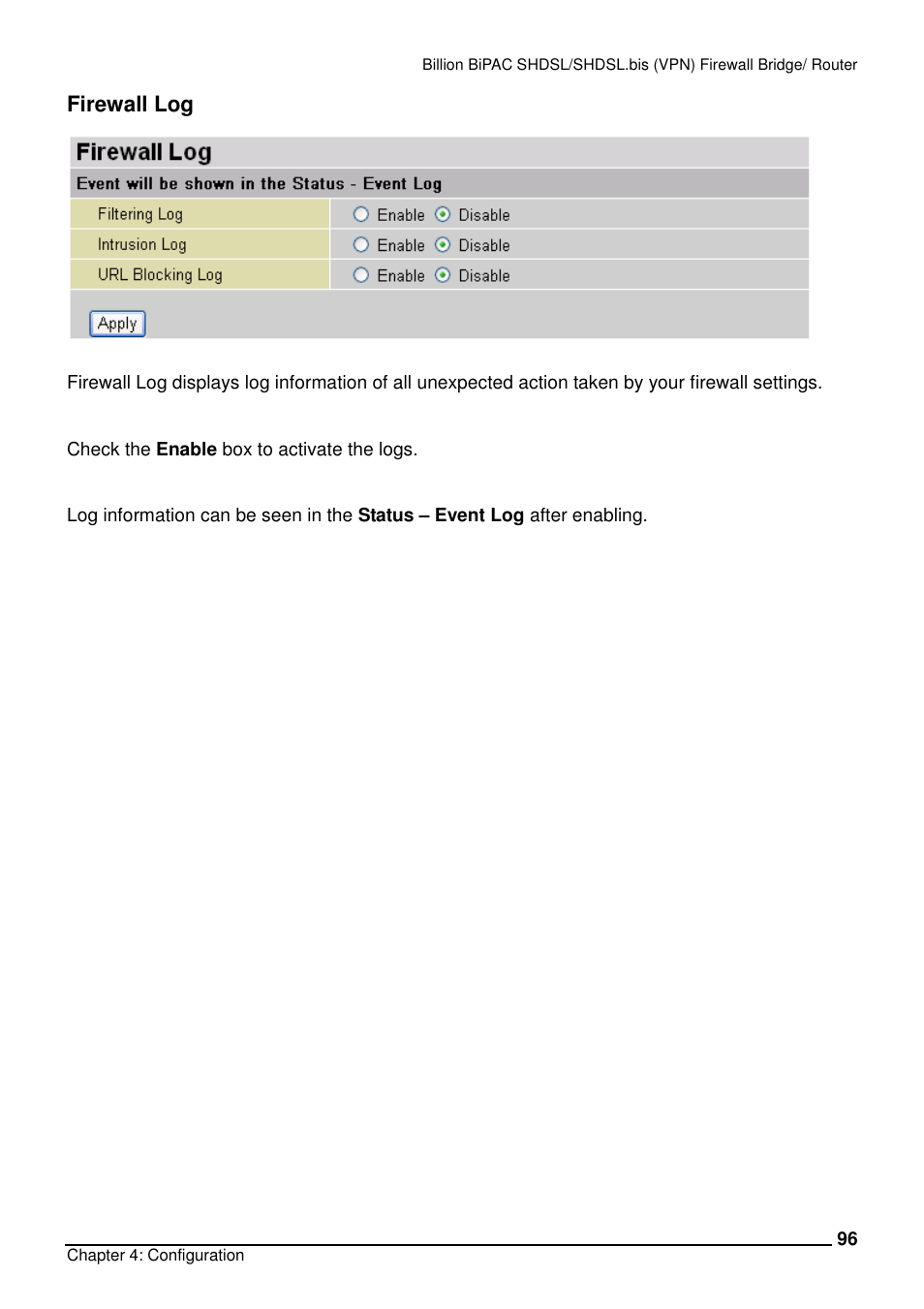 Firewall log | Billion Electric Company BiPAC 8501/8521 User Manual | Page 100 / 171