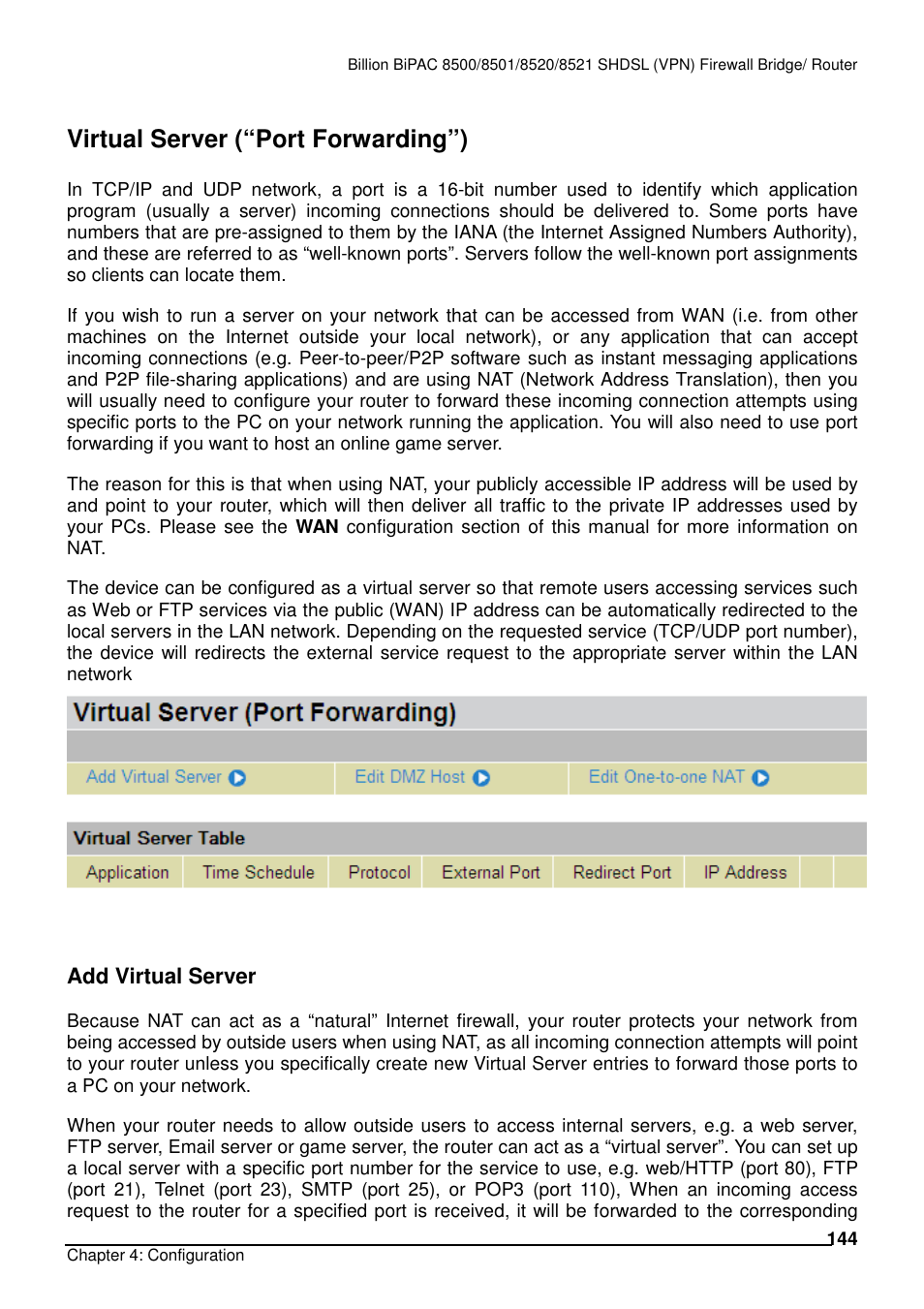 Virtual server (“port forwarding”), Add virtual server | Billion Electric Company BiPAC 8501/8521 User Manual | Page 148 / 171