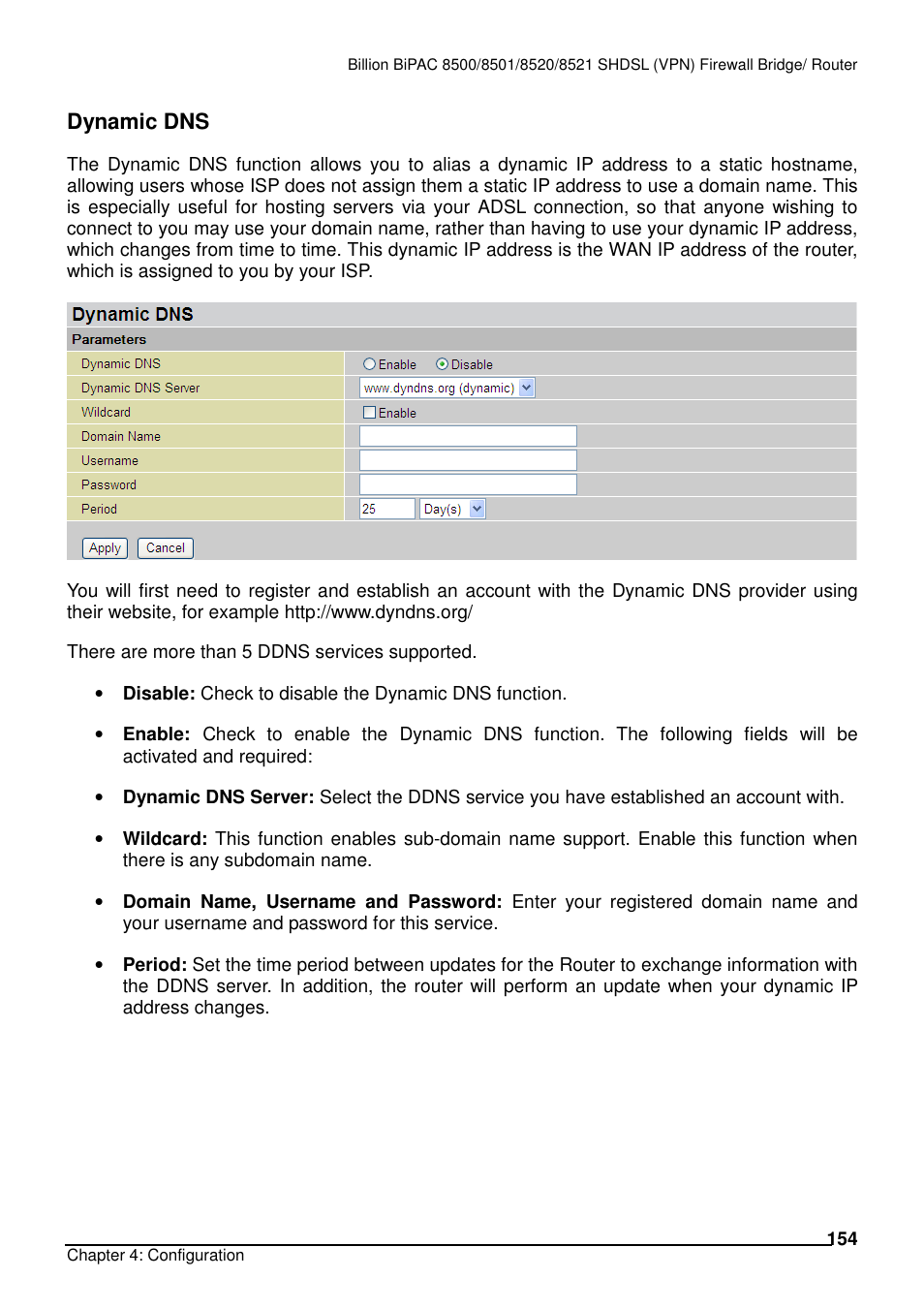 Dynamic dns | Billion Electric Company BiPAC 8501/8521 User Manual | Page 158 / 171