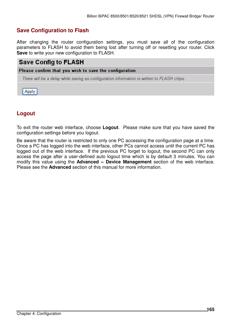 Save configuration to flash, Logout | Billion Electric Company BiPAC 8501/8521 User Manual | Page 169 / 171