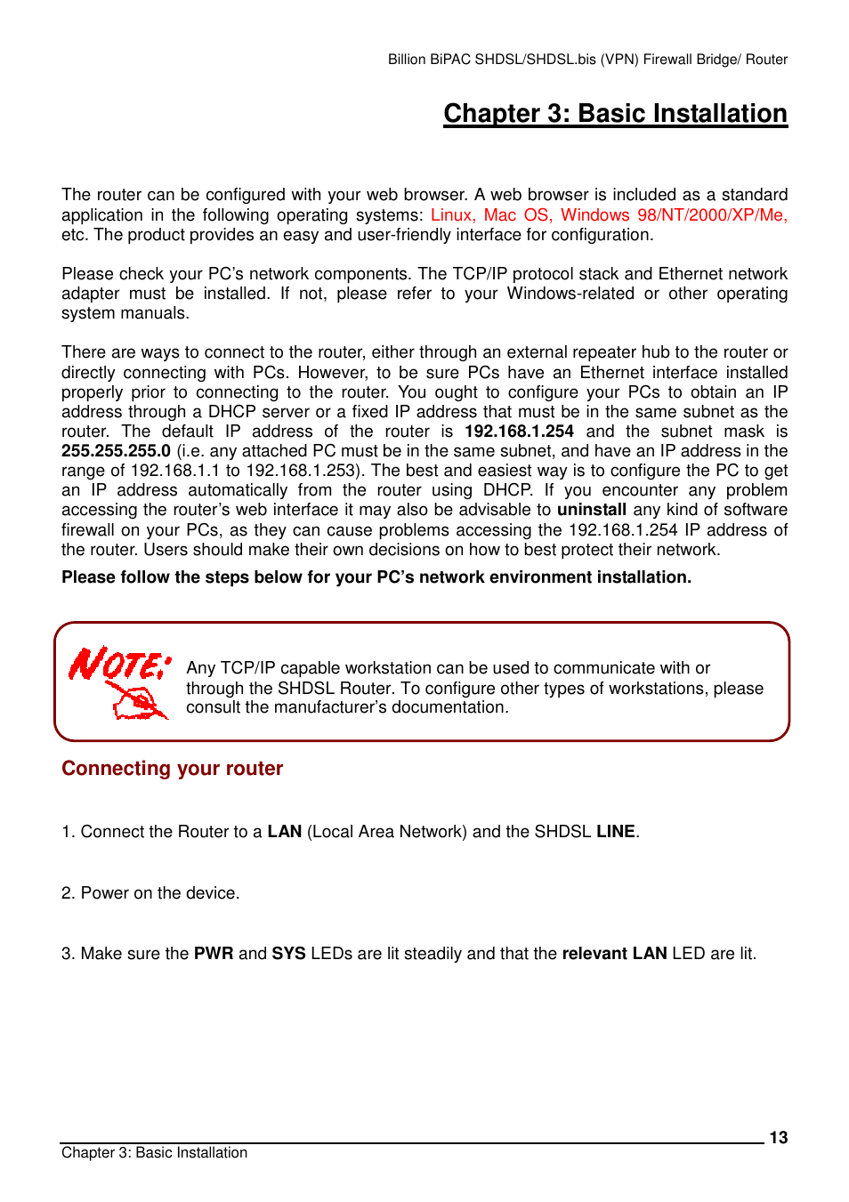 Chapter 3: basic installation, Connecting your router | Billion Electric Company BiPAC 8501/8521 User Manual | Page 17 / 171