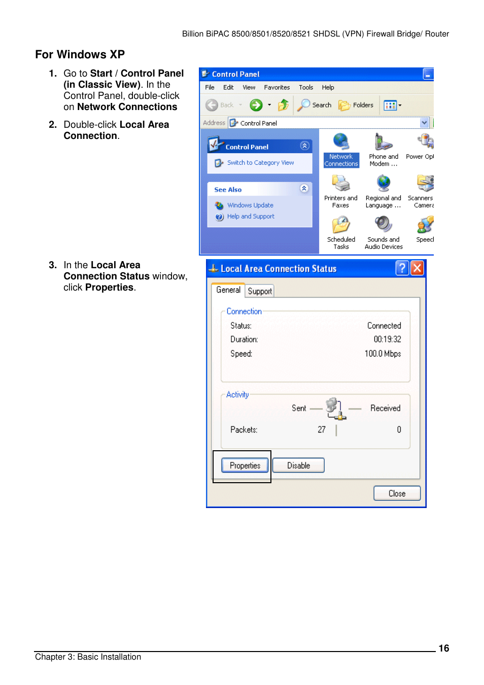 For windows xp | Billion Electric Company BiPAC 8501/8521 User Manual | Page 20 / 171