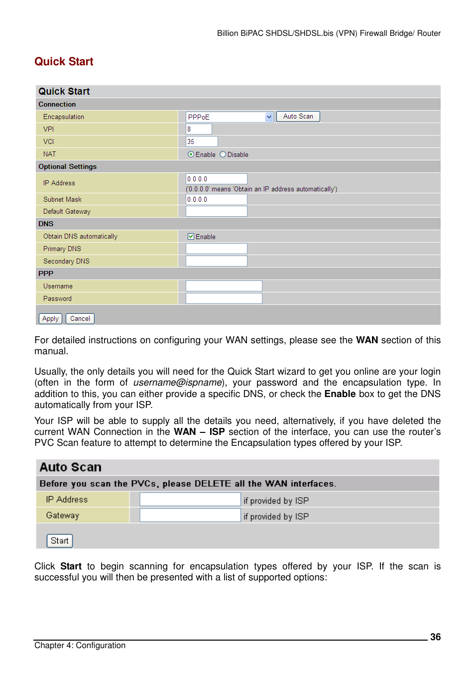 Quick start | Billion Electric Company BiPAC 8501/8521 User Manual | Page 40 / 171