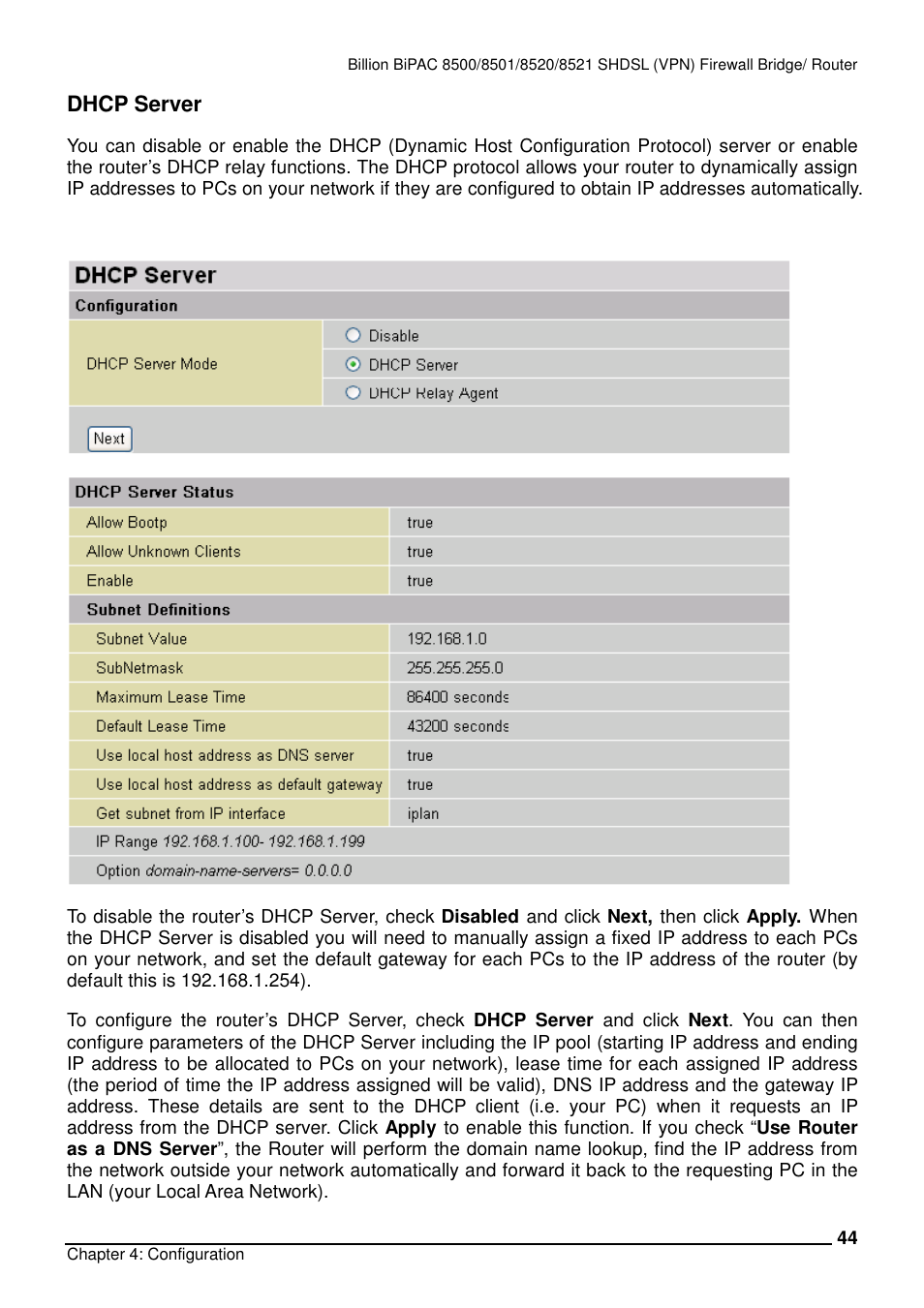 Dhcp server | Billion Electric Company BiPAC 8501/8521 User Manual | Page 48 / 171