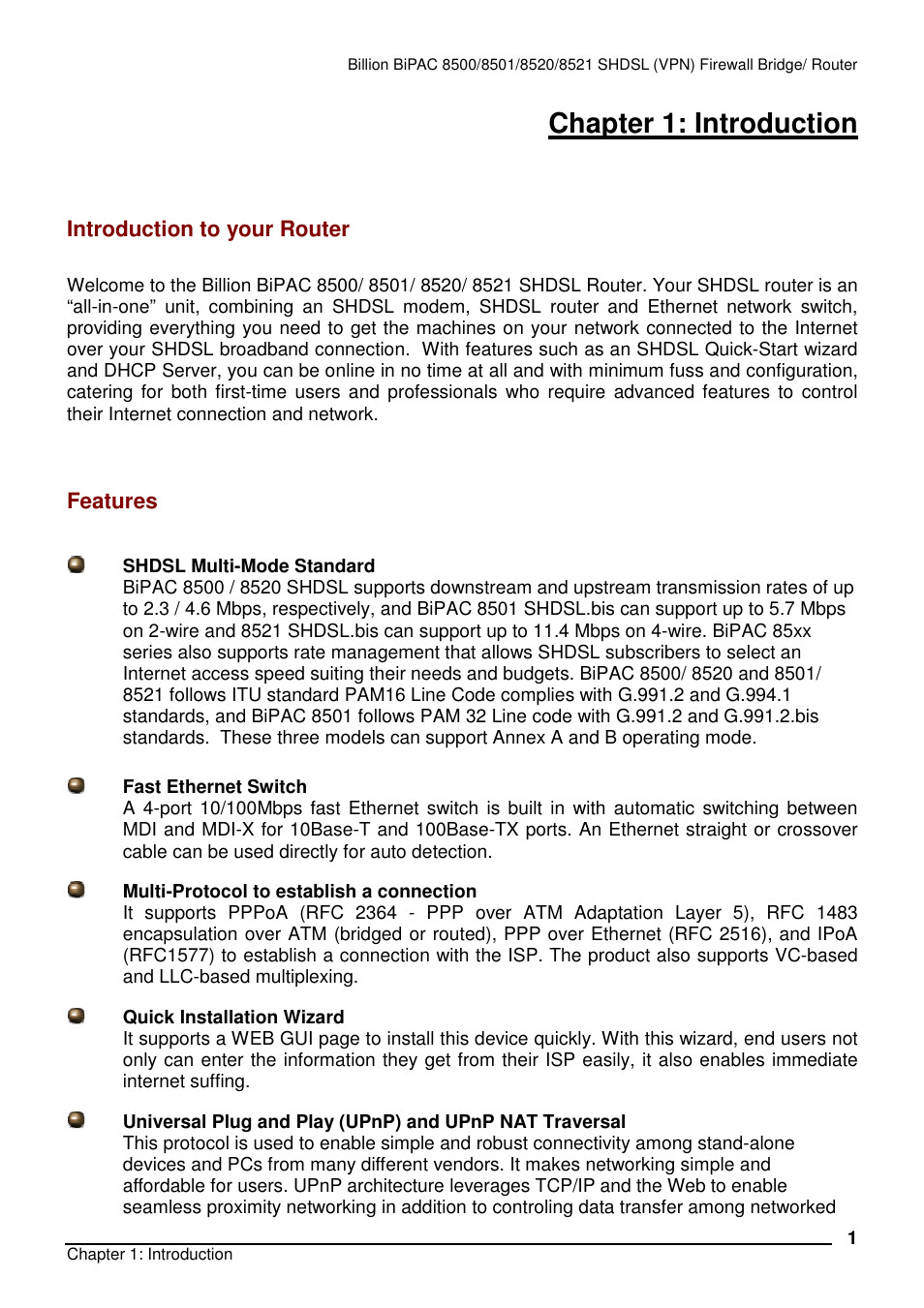 Chapter 1: introduction | Billion Electric Company BiPAC 8501/8521 User Manual | Page 5 / 171