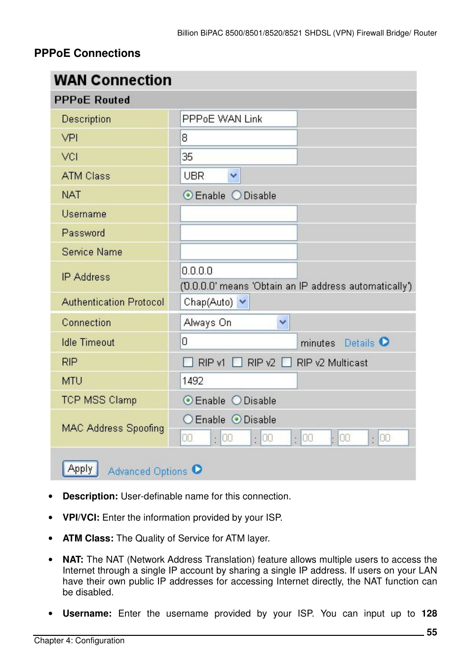 Pppoe connections | Billion Electric Company BiPAC 8501/8521 User Manual | Page 59 / 171