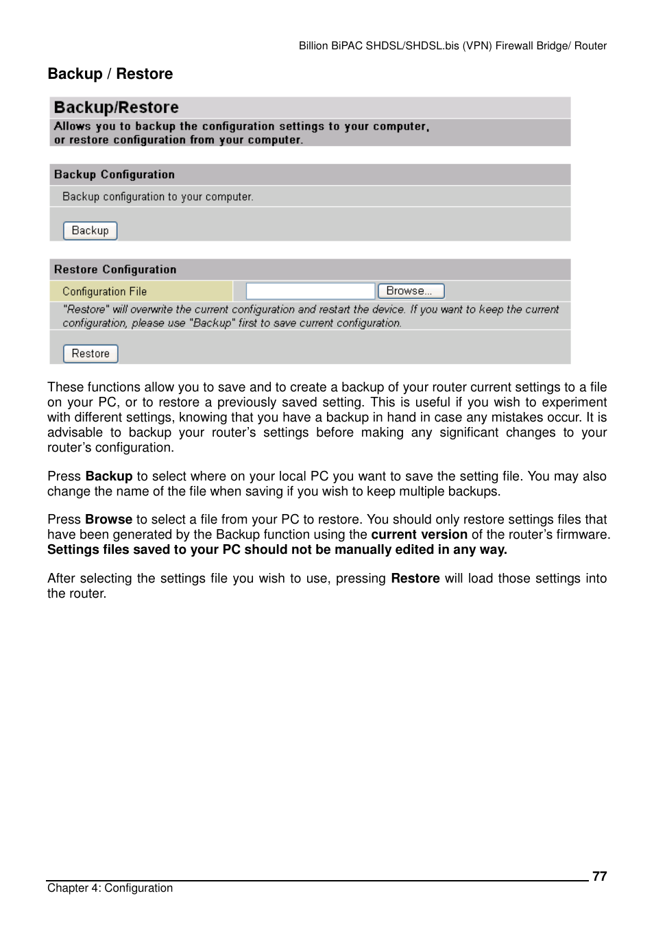 Backup / restore | Billion Electric Company BiPAC 8501/8521 User Manual | Page 81 / 171