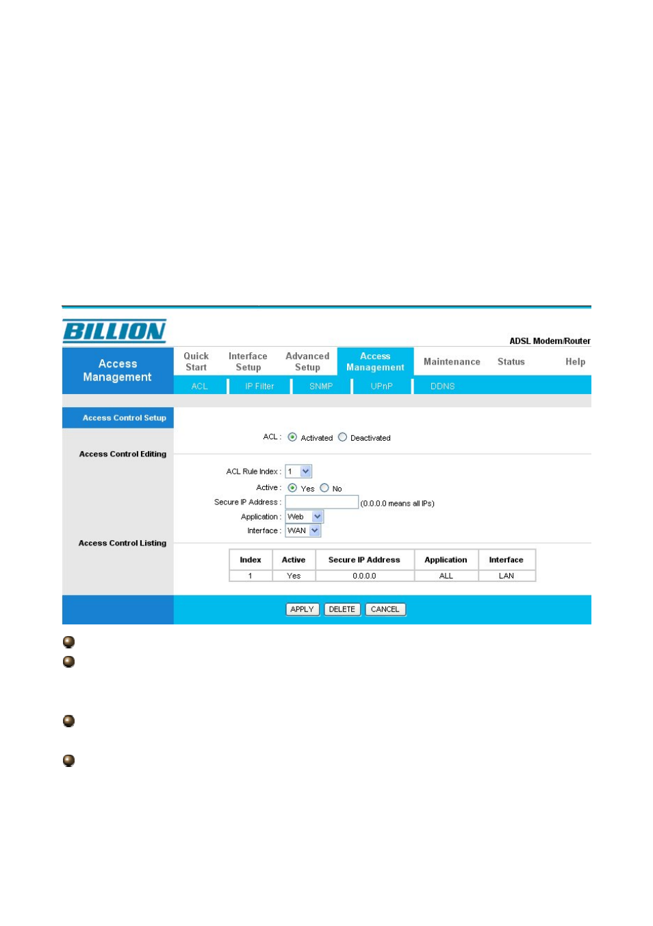 4 access management, 1 acl | Billion Electric Company BiPAC 5210S User Manual | Page 49 / 67