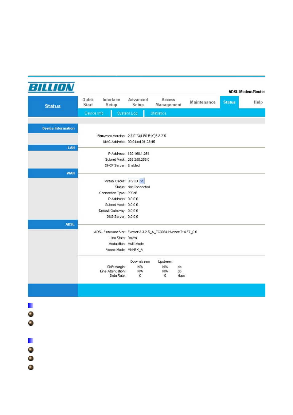 6 status, 1 device info | Billion Electric Company BiPAC 5210S User Manual | Page 60 / 67