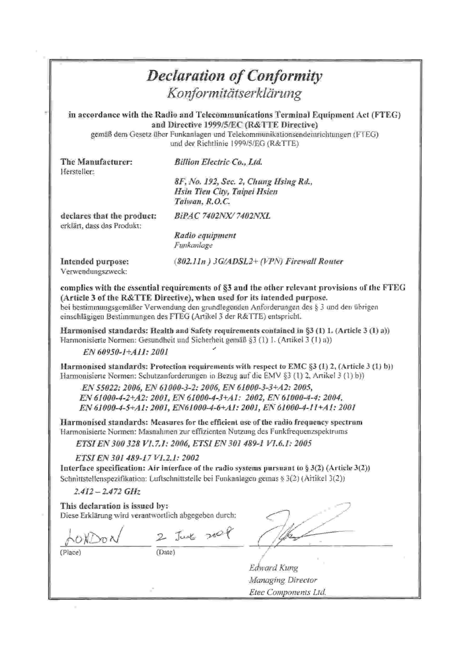 Billion Electric Company BiPAC 7402NX(L) User Manual | Page 2 / 8