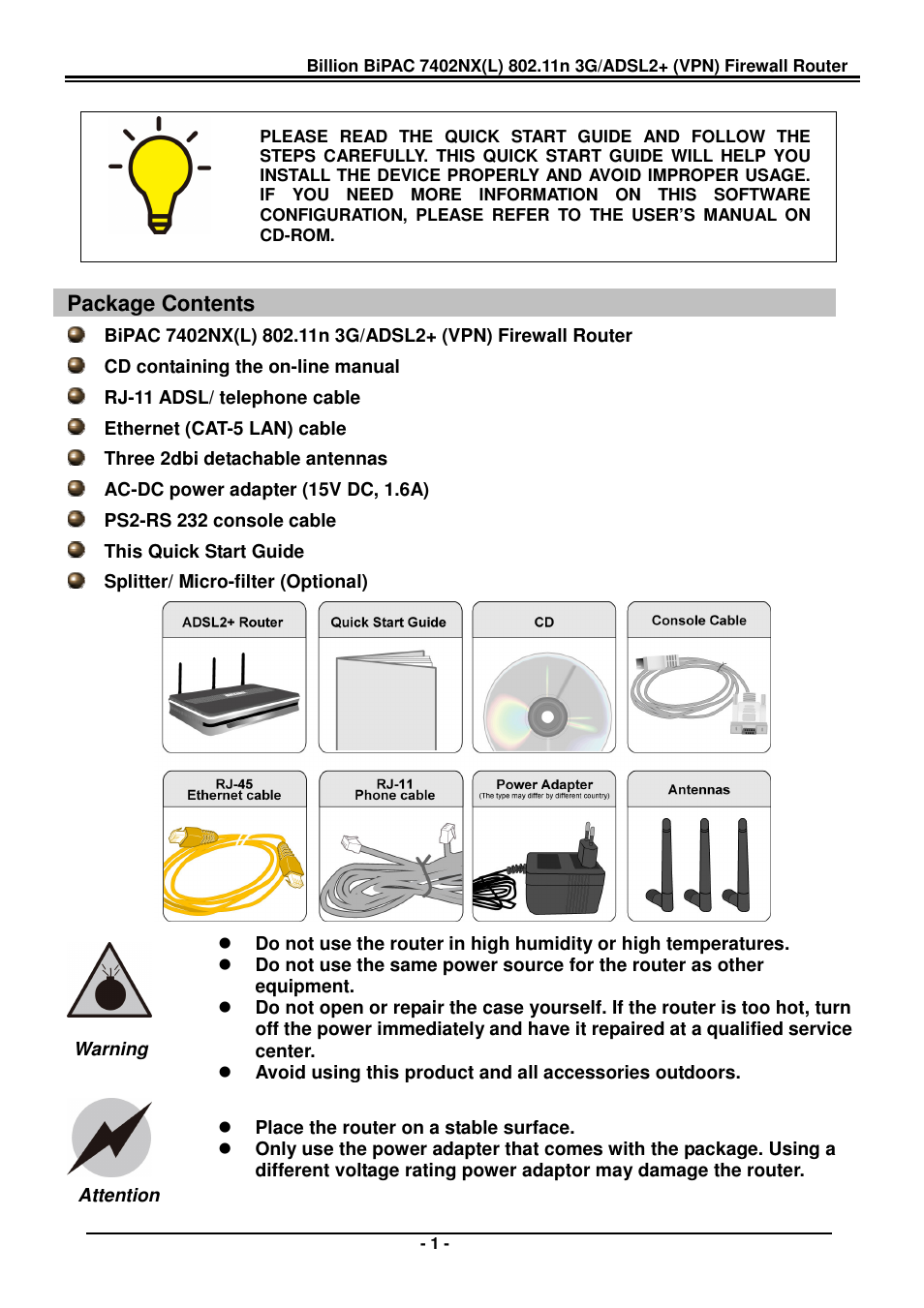 Package contents | Billion Electric Company BiPAC 7402NX(L) User Manual | Page 3 / 8