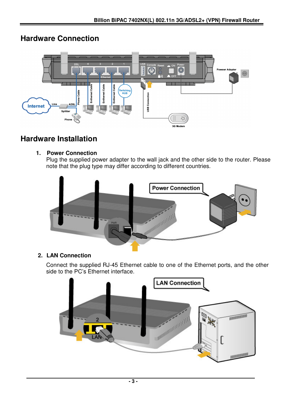 Hardware connection, Hardware installation | Billion Electric Company BiPAC 7402NX(L) User Manual | Page 5 / 8