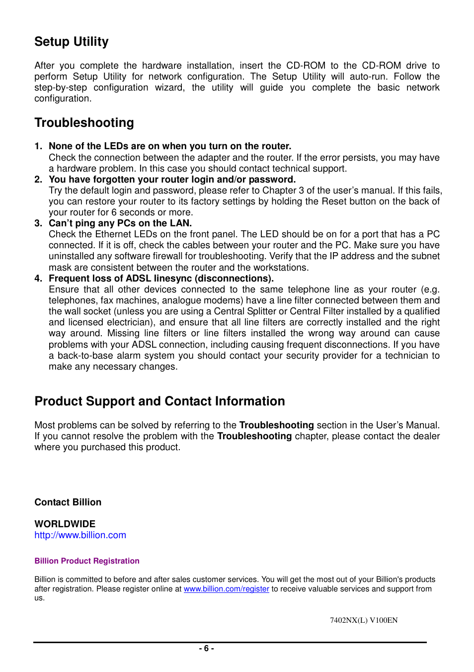 Setup utility, Troubleshooting, Product support and contact information | Billion Electric Company BiPAC 7402NX(L) User Manual | Page 8 / 8