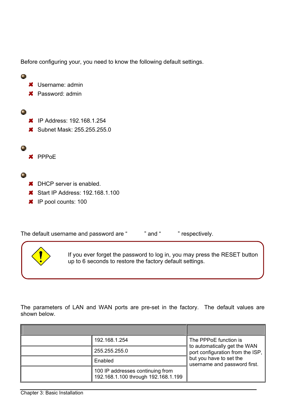 Factory default settings, Username and password, Lan and wan port addresses | Actory, Efault, Ettings, Username and password lan and wan port addresses | Billion Electric Company BIPAC 8500 User Manual | Page 19 / 119