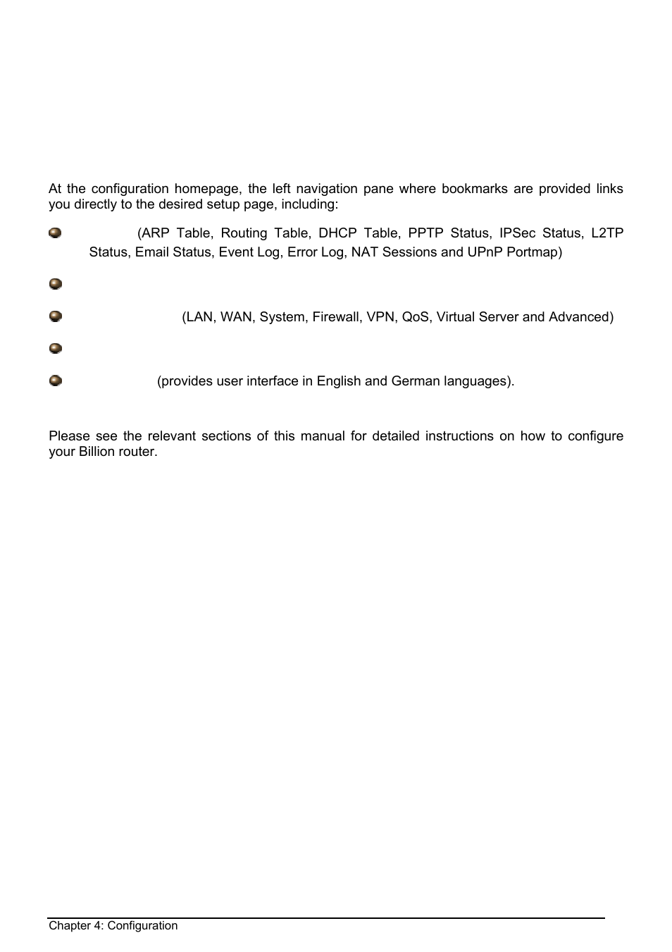 Chapter 4: configuration | Billion Electric Company BIPAC 8500 User Manual | Page 22 / 119