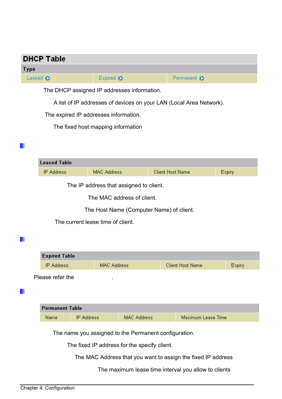 Dhcp table, Leased table, Expired table | Permanent table | Billion Electric Company BIPAC 8500 User Manual | Page 25 / 119