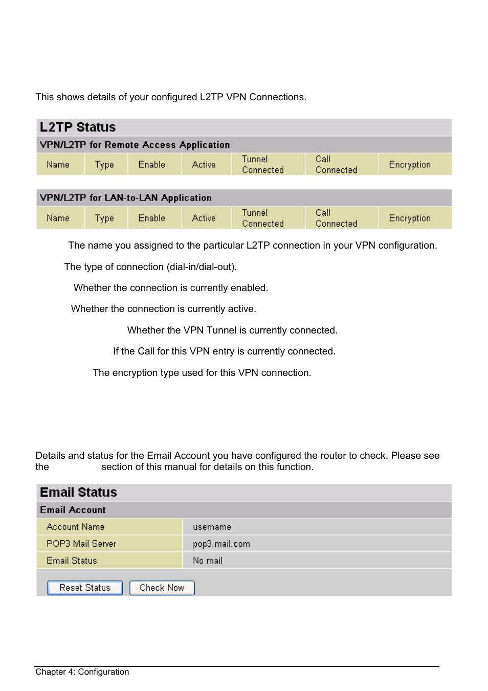 L2tp status, Email status, L2tp status email status | Billion Electric Company BIPAC 8500 User Manual | Page 28 / 119