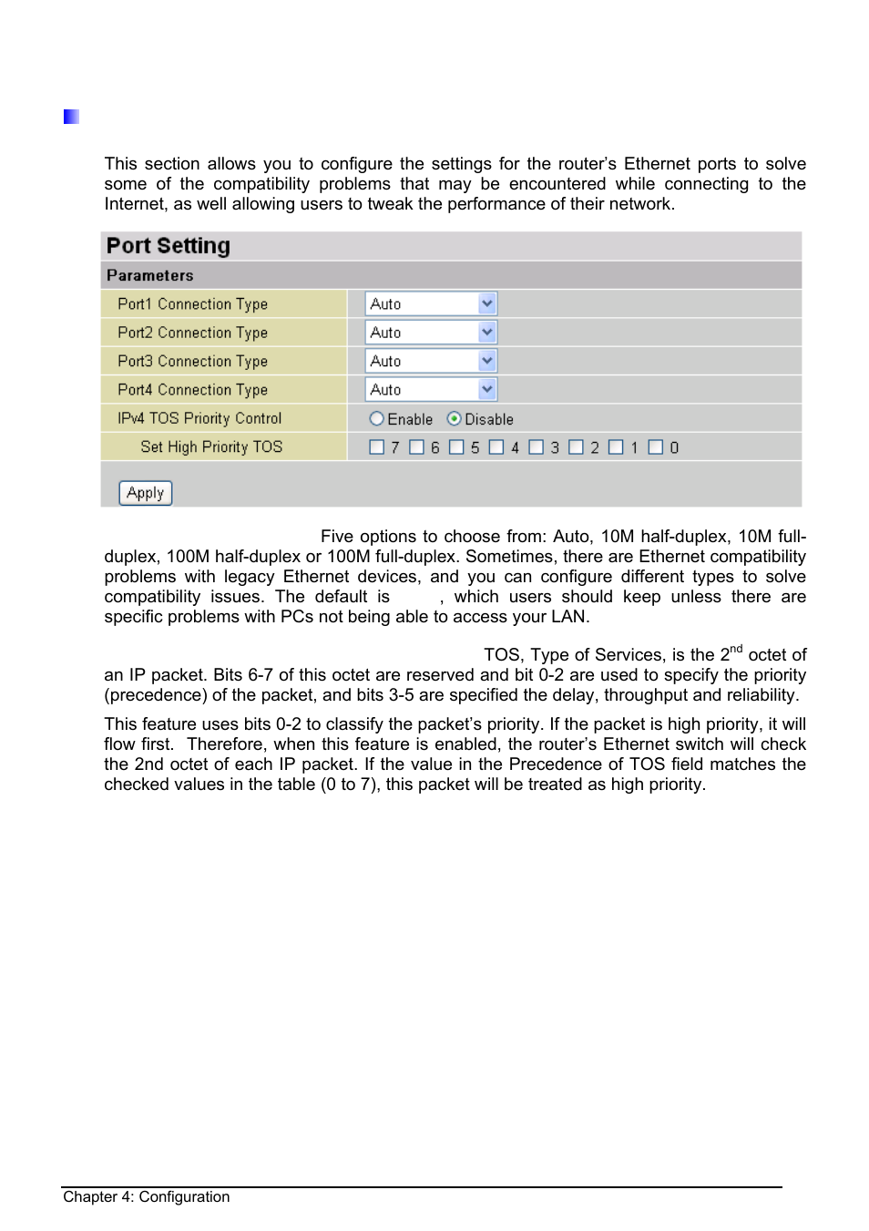 Port setting | Billion Electric Company BIPAC 8500 User Manual | Page 34 / 119