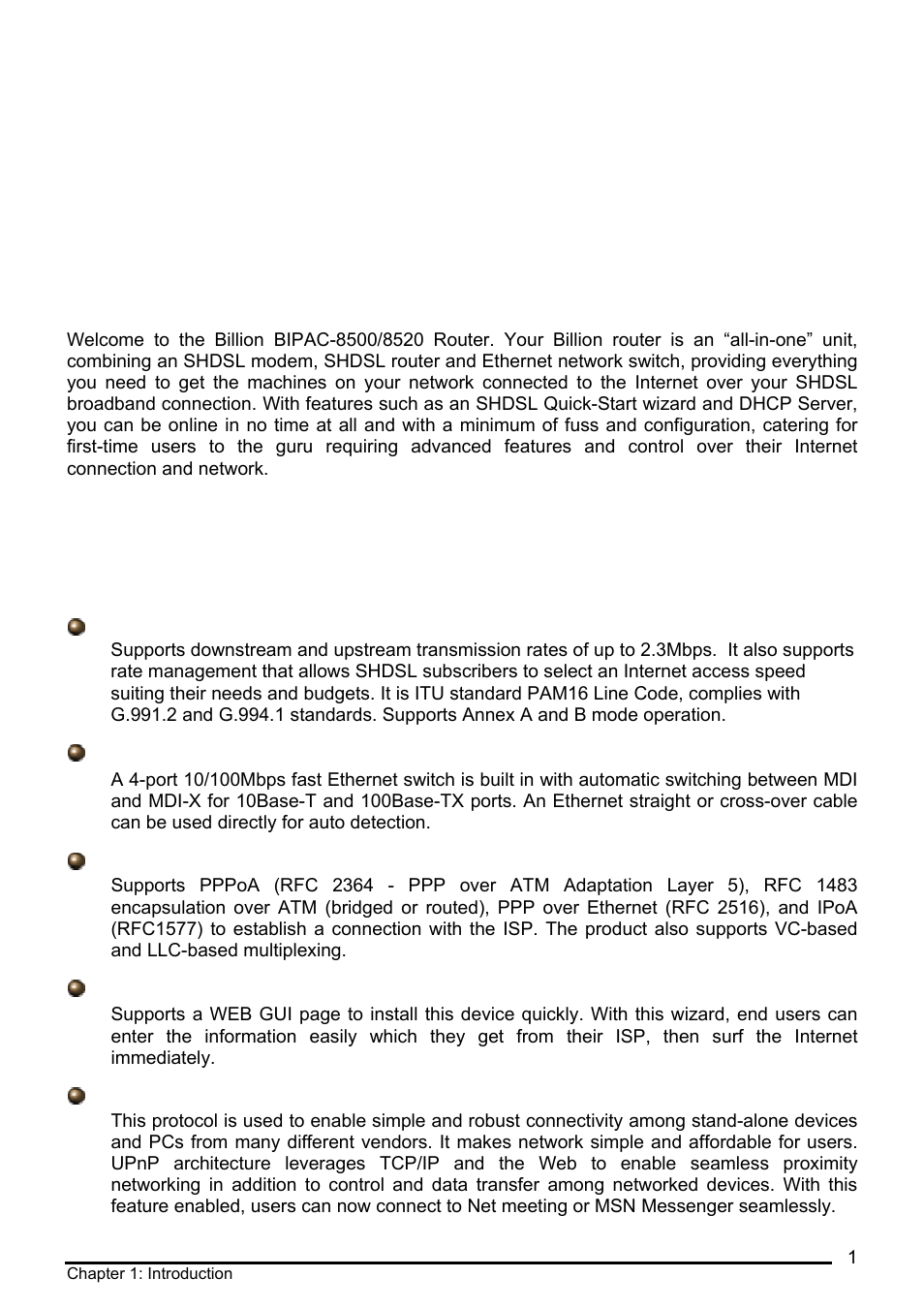 Introduction to your bipac-8500/8520 router, Features, Ntroduction to your | Bipac-8500/8520 r, Outer, Eatures, Chapter 1: introduction | Billion Electric Company BIPAC 8500 User Manual | Page 5 / 119