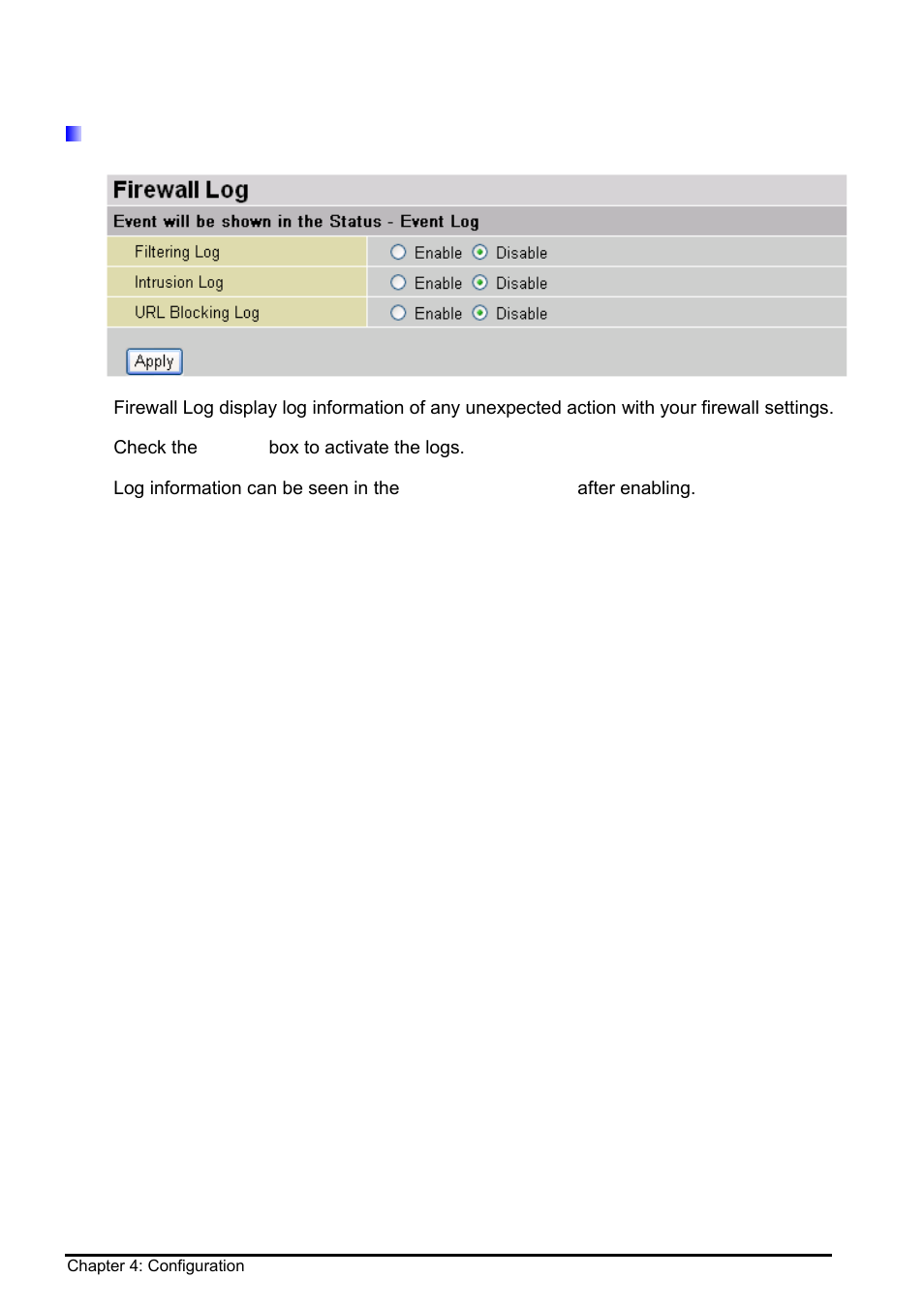 Firewall log | Billion Electric Company BIPAC 8500 User Manual | Page 69 / 119