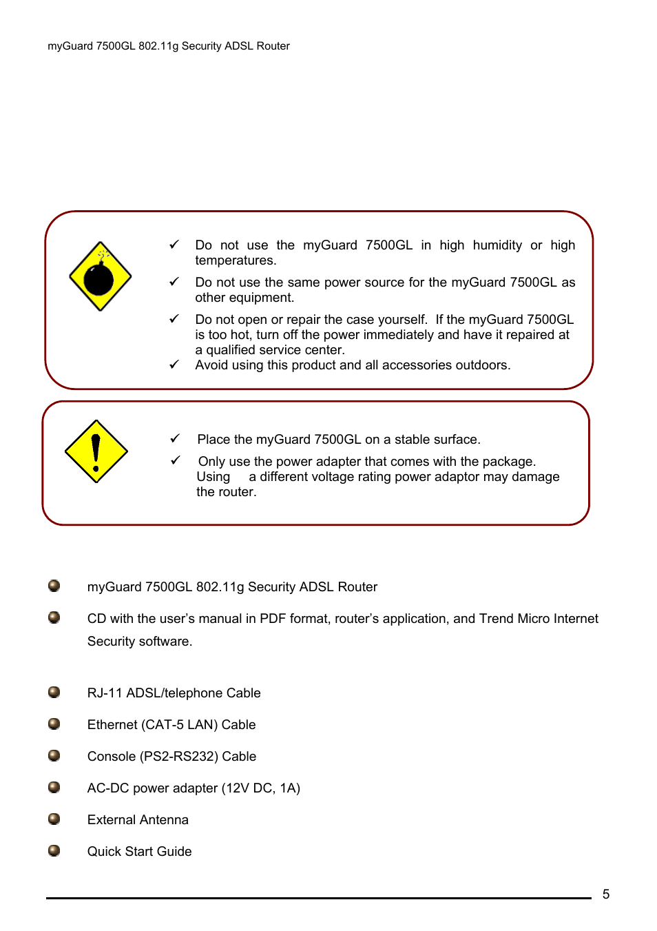 Important note for using the myguard 7500gl, Package contents, Mportant note for using the my | Uard, 7500gl, Ackage, Ontents, Chapter 2: installing the router | Billion Electric Company MYGUARD 7500GL User Manual | Page 11 / 147