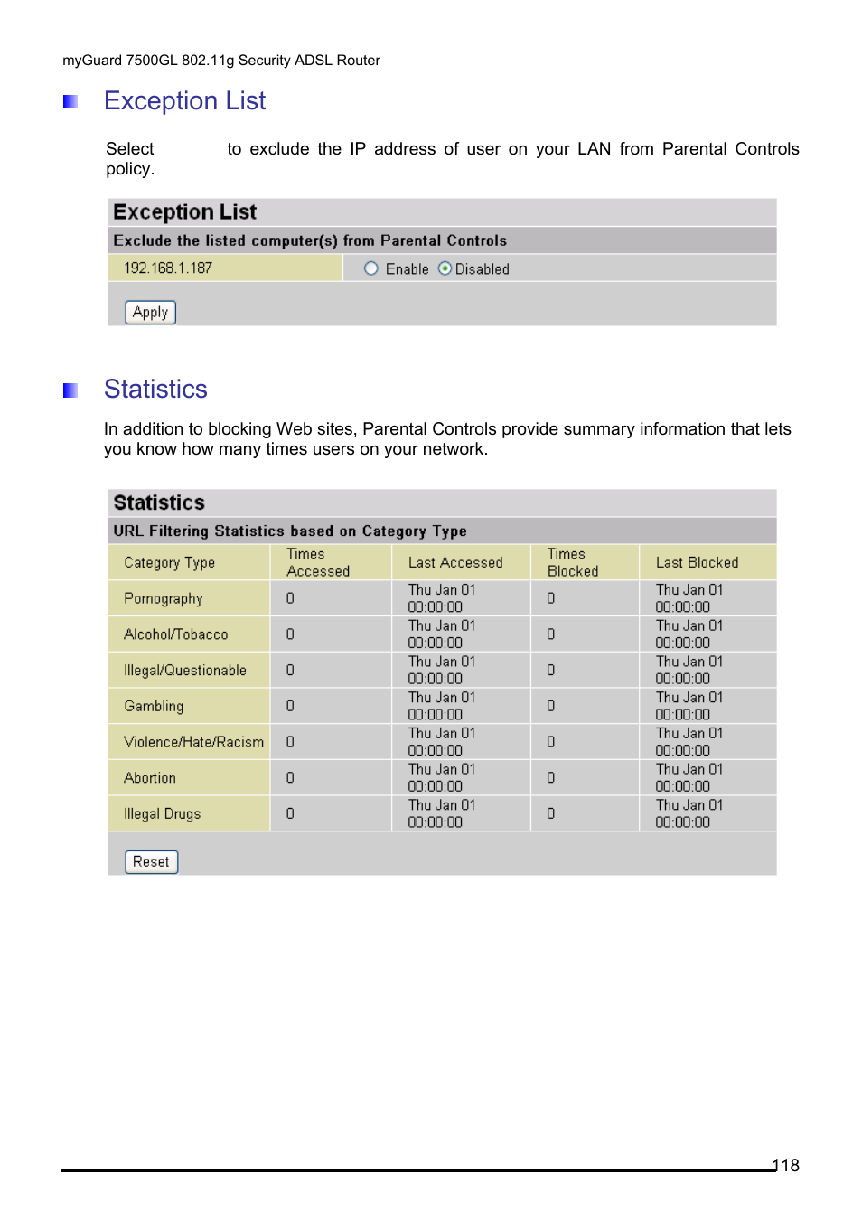 Exception list, Statistics, Tarted with | Rend, Icro, Ecurity, Ervices | Billion Electric Company MYGUARD 7500GL User Manual | Page 124 / 147