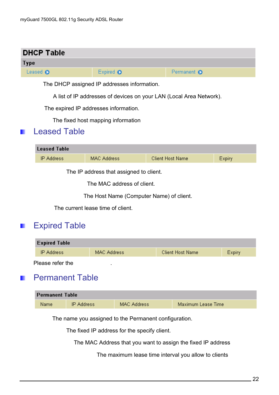 Dhcp table, Leased table, Expired table | Permanent table | Billion Electric Company MYGUARD 7500GL User Manual | Page 28 / 147